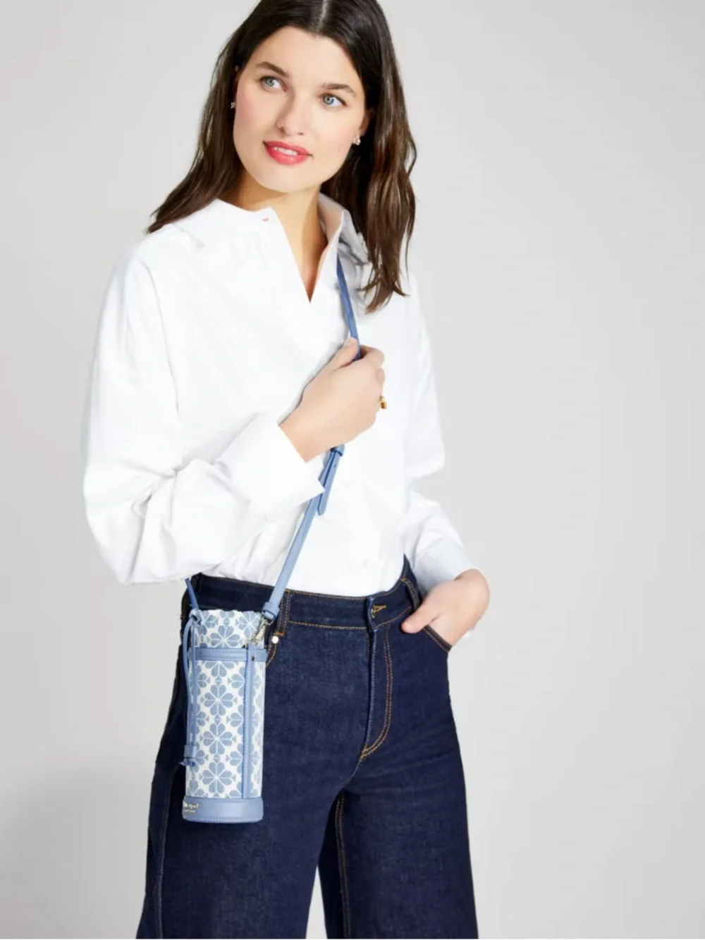 Kate Spade Spade Flower Jacquard Water Bottle Crossbody Holder Light Blue